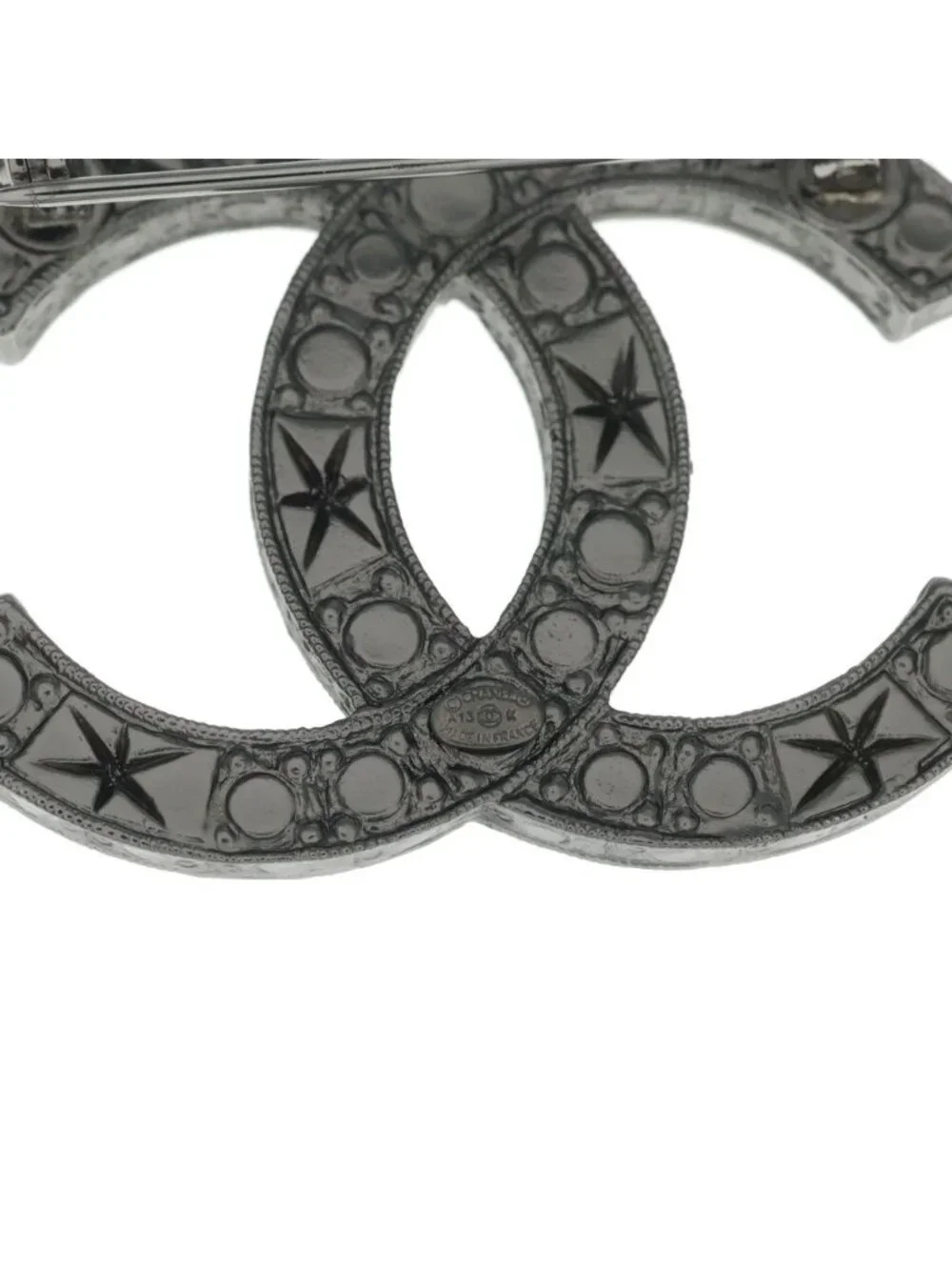 Chanel CC Logo Rhinestone Brooch Pin Badge Silver